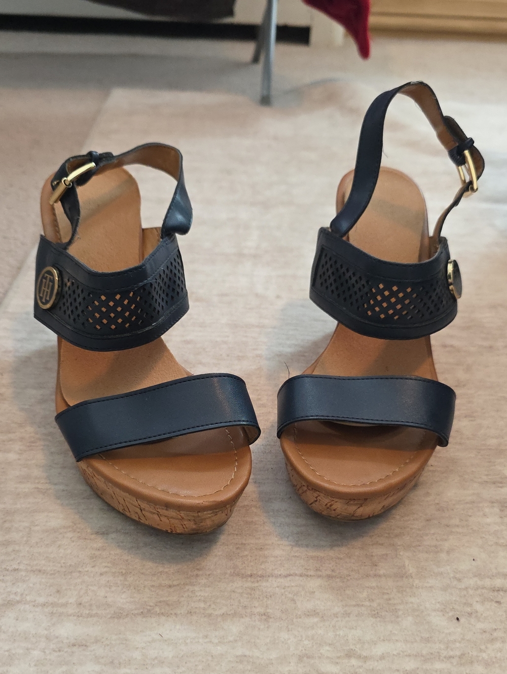 Tommy Hilfiger Navy Perforated Ankle-Strap Cork Wedges